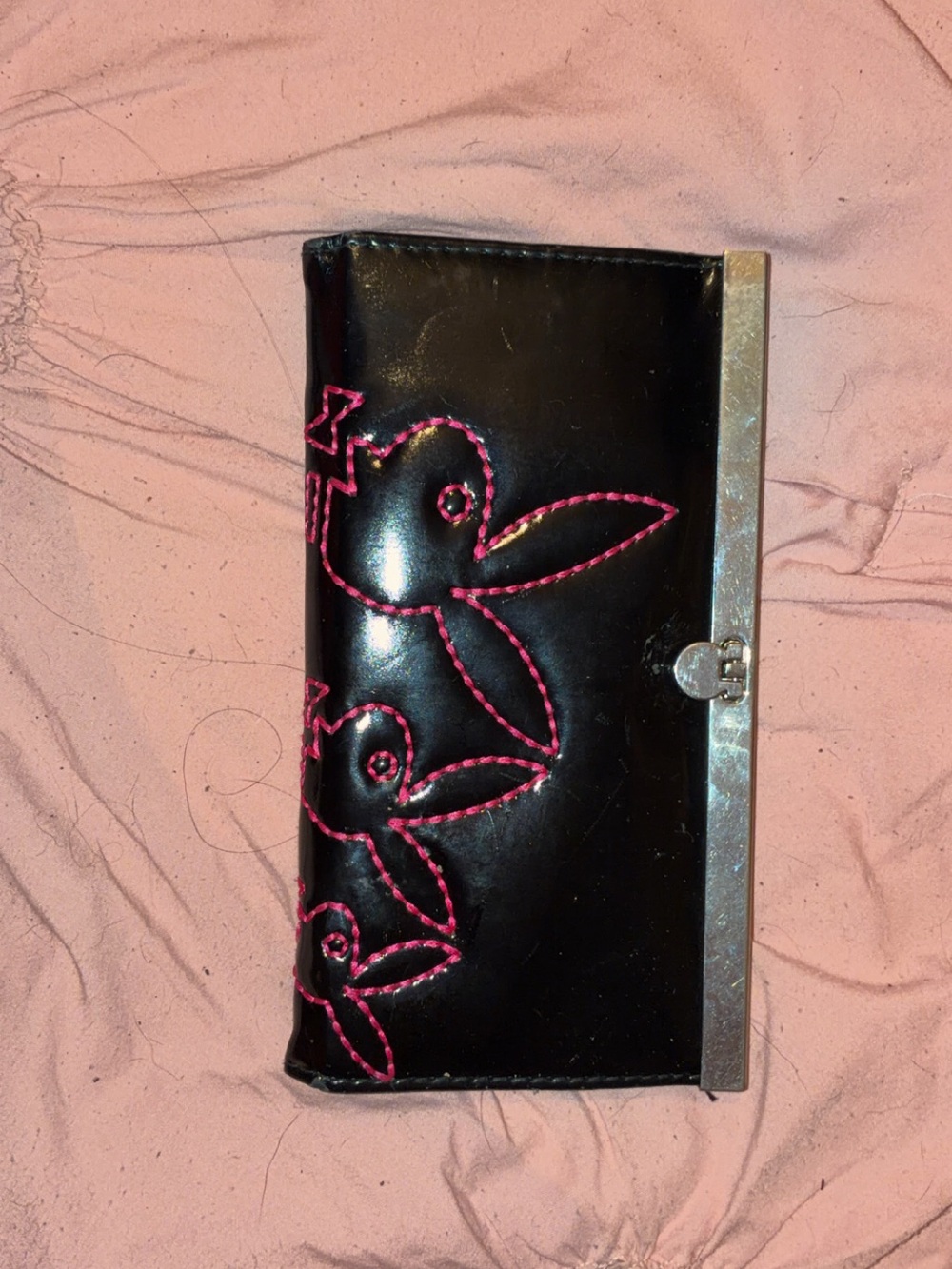PLAYBOY Black Wallet with Hot Pink Bunny Stitching